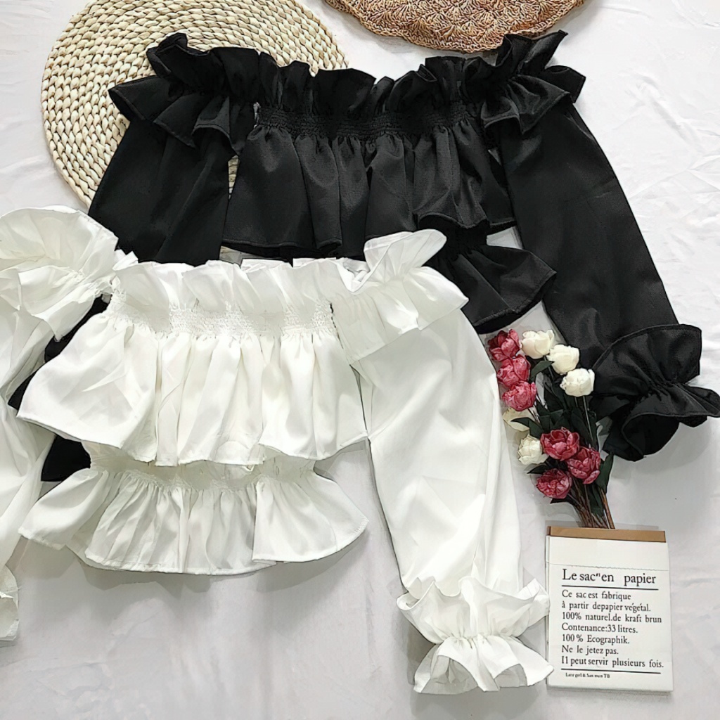 Áo trễ vai croptop cúp ngực tay dài freesize form chuẩn màu đen và trắng Maris Top