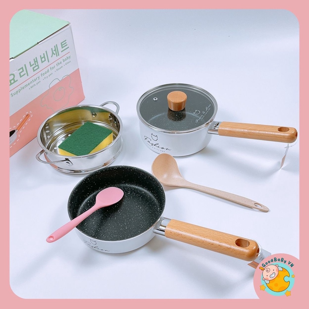 Bộ nồi chảo ăn dặm ,nấu cháo,quấy bột kèm xửng hấp cho bé FASHION chống dính cao cấp Goodbabyvn