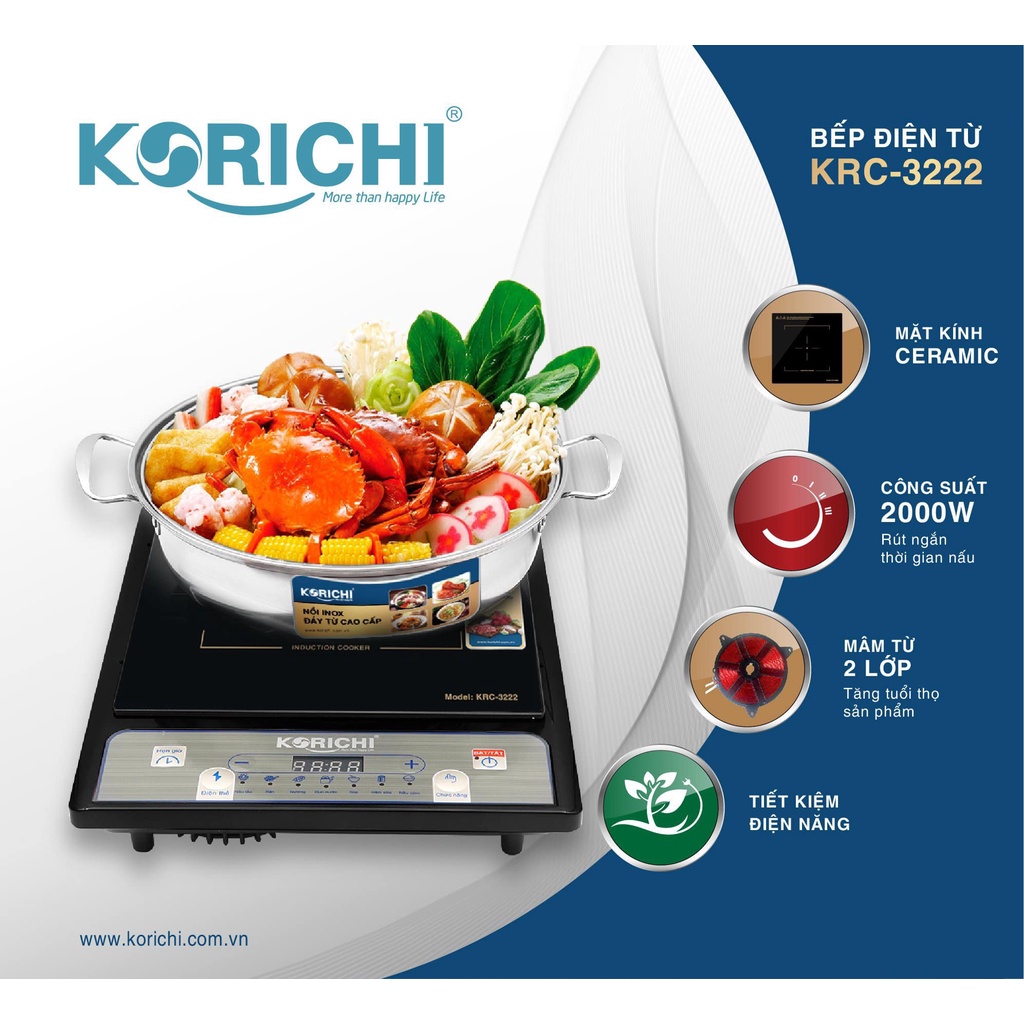Bếp từ đơn cơ KORICHI KRC-3222 + tặng kèm nồi INox cao cấp- Công suất 2000W-Bảo hành 12 tháng toàn quốc