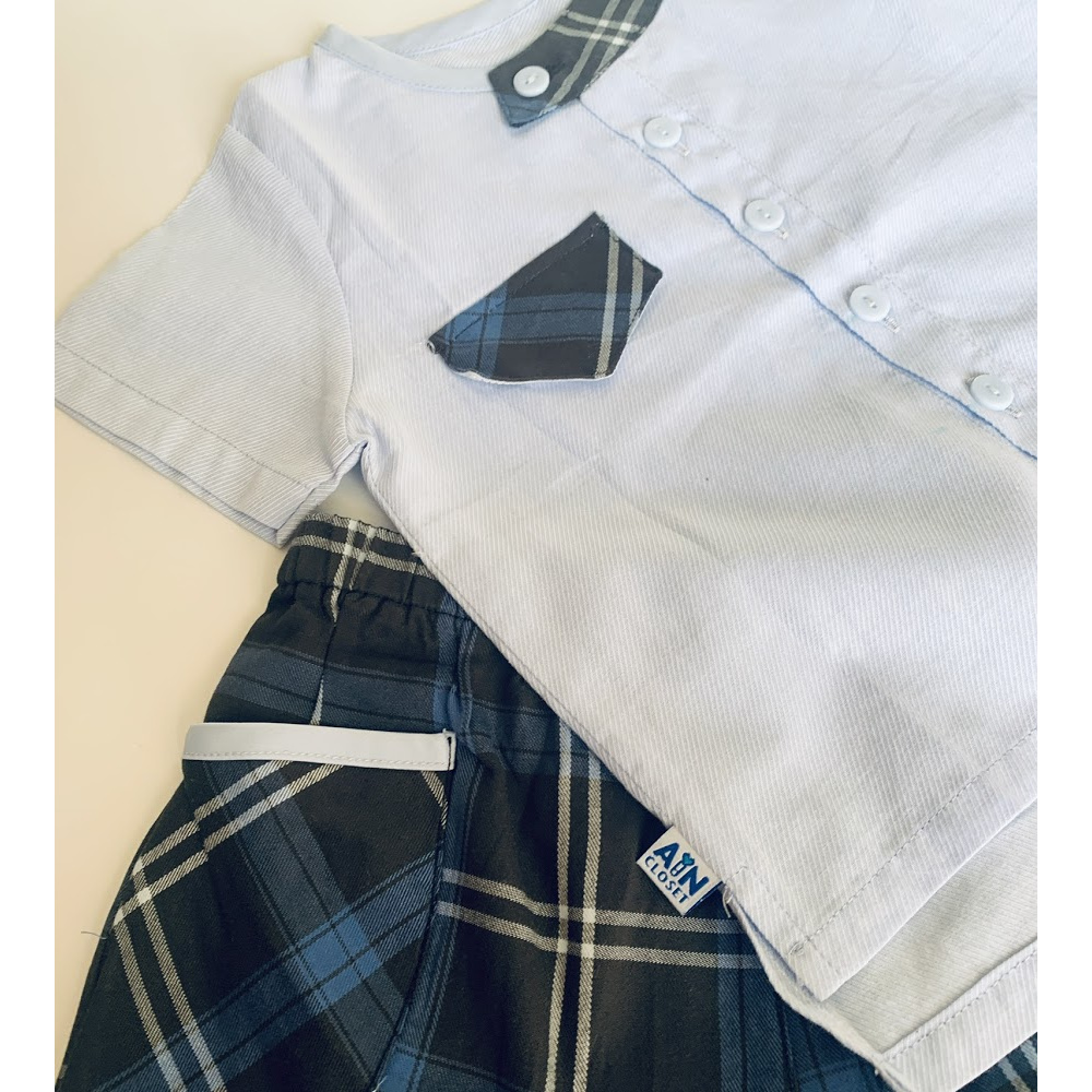 Bộ quần áo ngắn Bé trai xanh cổ viền caro xanh cotton - AICDBTEIYENY - AIN Closet