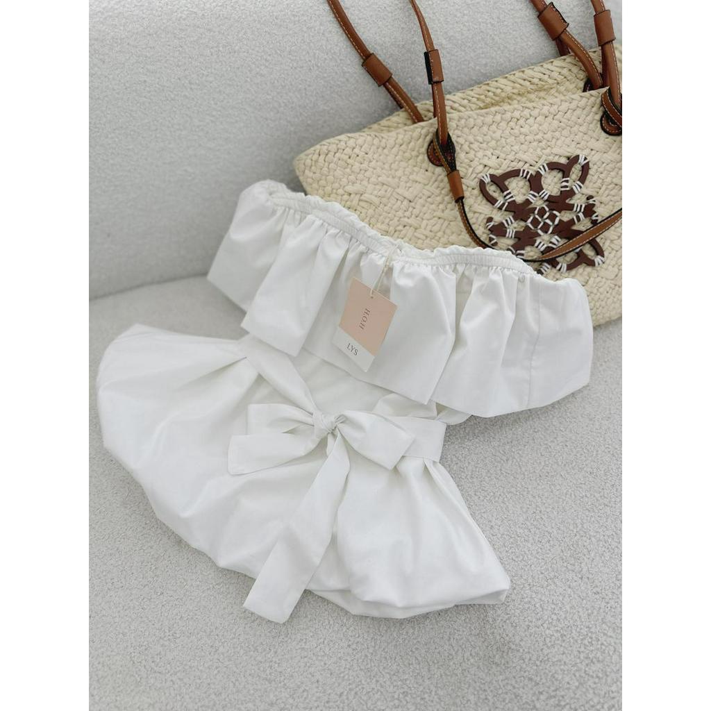 SET ỐNG TRẮNG BÈO THẮT NƠ EO + QUẦN SUÔNG CARO