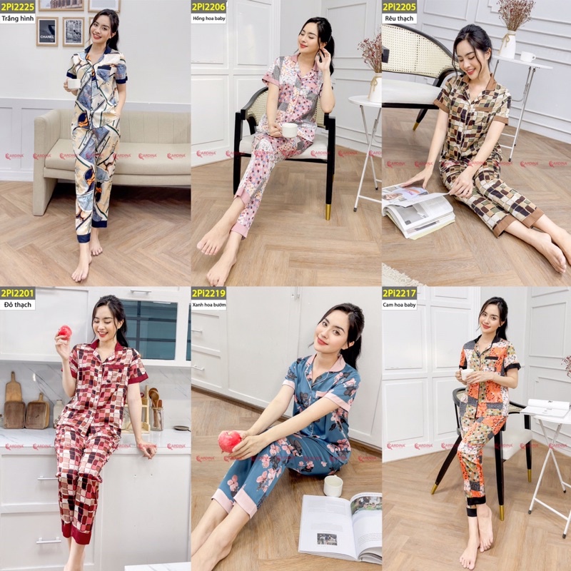 Đồ bộ Pyjama cộc tay quần dài hoạ tiết cao cấp CARDINA mã PI06 chất lụa Satin Nhật co giãn nhẹ