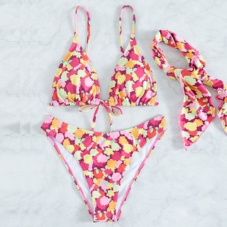 [BKN2045] <ÂU> SET BIKINI 3 MÓN HOA MÀU KÈM KHĂN