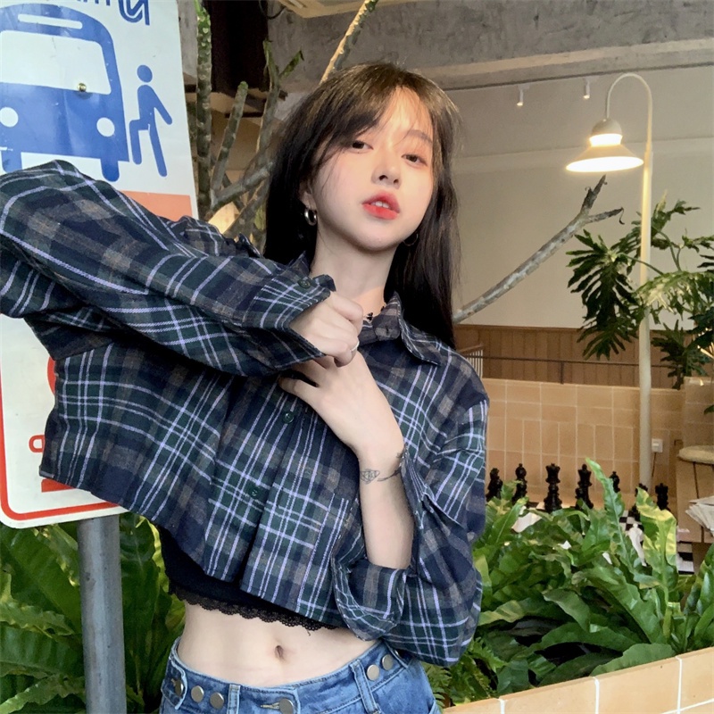 ZHELIHANGFEI Áo Sơ Mi Tay Dài Họa Tiết Sọc Caro Phong Cách Retro Thời Trang