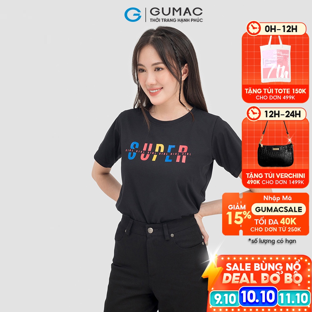 Áo thun nữ GUMAC nhiều màu cổ tròn tay ngắn in chữ ATC07005