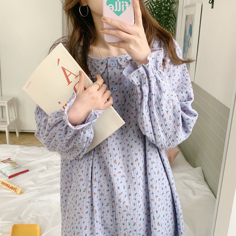 Váy ngủ ulzzang nữ dài tay xô muslin họa tiết hoa nhí