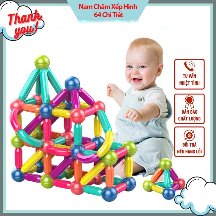 Đồ Chơi Xếp Hình Nam Châm 64 Chi Tiết Cho Bé, Nam Châm Xếp Hình 64 Chi Tiết Thông Minh Nhựa ABS Thân Thiện