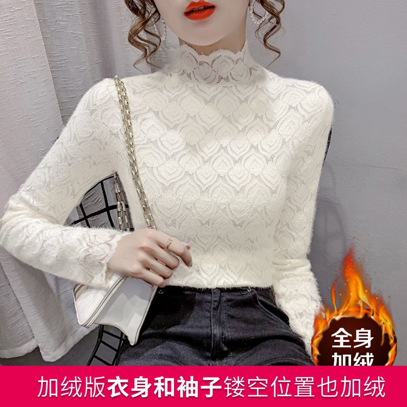 Áo Ren Cổ Lọ Tay Dài Vải Nhung Plus Phong Cách Phương Tây