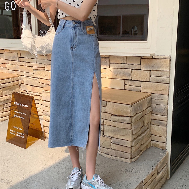 Jiashucheng Influencer Plus Size Chân Váy Denim Xẻ Tà Bên Hông Lưng Cao Vừa Nhỏ Phong Cách Mới 2021