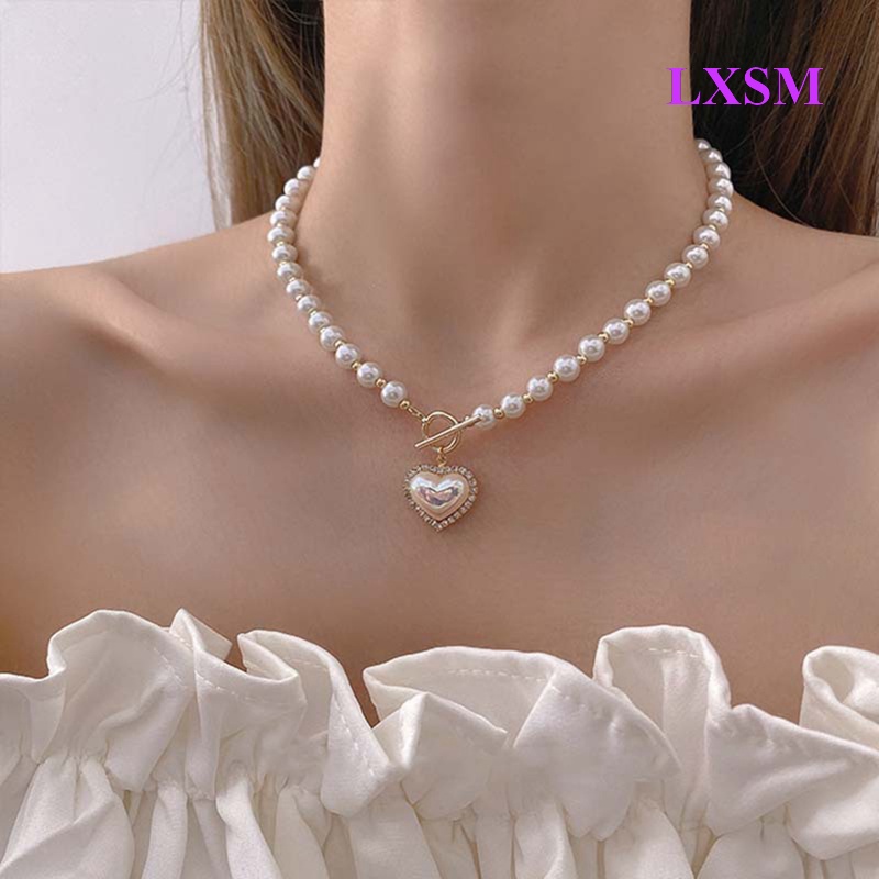 Vòng cổ Chuỗi Ngọc Trai Mặt Hình Trái Tim Đơn Giản Cho Nữ