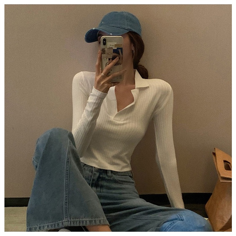 Áo Thun Lửng Tay Dài Cổ Polo Màu Sắc Đơn Giản Cho Nữ