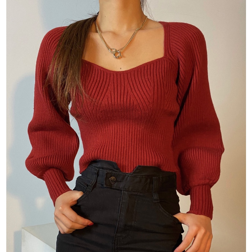 Áo Sweater Dệt Kim Tay Dài Phồng Cổ Vuông Màu Sắc Ngọt Ngào Phong Cách Hàn Quốc Cho Nữ