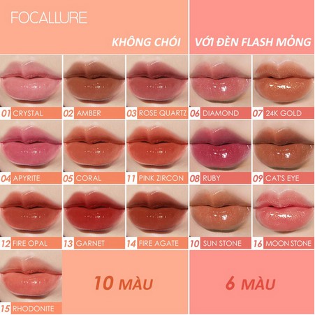 Son bóng nhũ và sáng chiếu FOCALLURE 10 màu tùy chọn chiết xuất bạc hà và vitamin E dưỡng môi