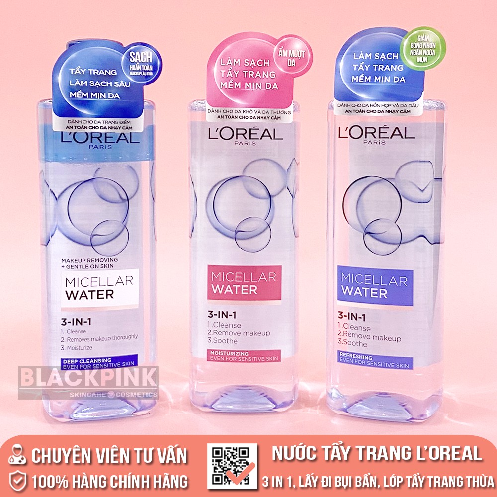 Nước tẩy trang Loreal 400ml - L'Oreal Paris 3-in-1 Micellar Water, nhẹ nhàng tẩy sạch cặn trang điểm