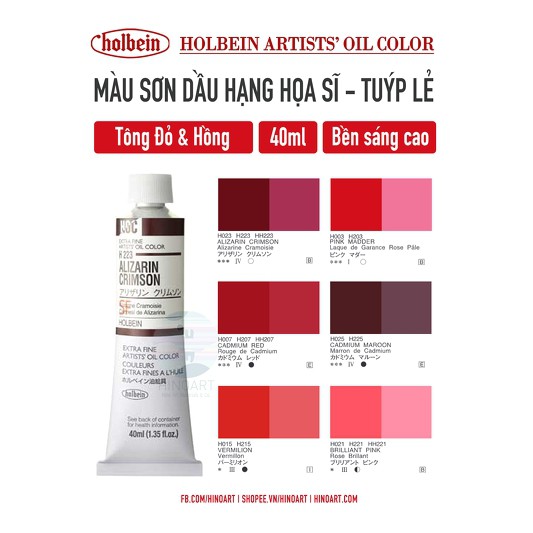 Tông đỏ hồng màu sơn dầu 40ml Holbein Oil Colors - tuýp lẻ