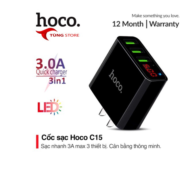 Củ Sạc Hoco C15 3 Cổng Sạc Nhanh 3.0A Đèn Led Báo Sạc Thông Minh - Hàng chính hãng