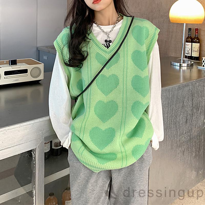 Áo dệt kim sát nách dáng rộng in họa tiết trái tim màu sắc thời trang mùa đông cho nữ