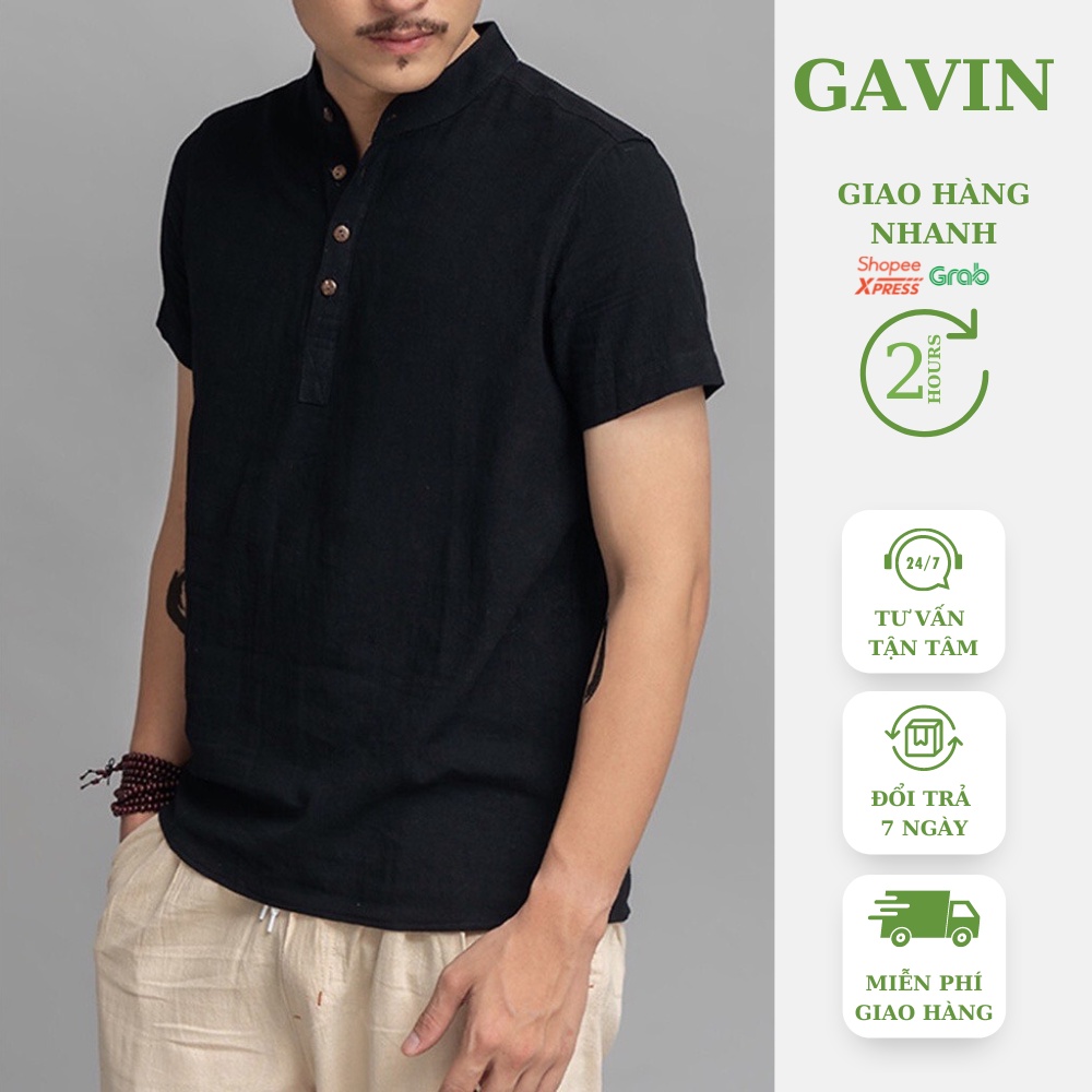 Áo đũi nam ngắn tay cổ tàu gavin,Sơ mi nam cổ tàu 4 khuy cao cấp chất đũi thoáng mát(AD79)