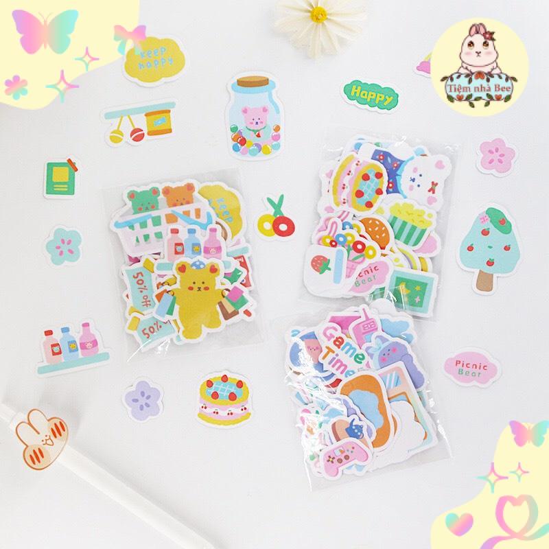 Sticker xinh xắn trang trí sổ nhật ký │Hình gấu, trái cây, ngôi sao│1 Set 19 hình x 2 / 38 Sticker│Xem thêm ở phần MÔ TẢ