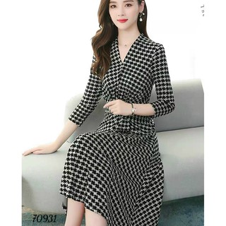 Đầm nữ dự tiệc văn phòng công sở phối sơ mi sọc trung niên cho quý cô