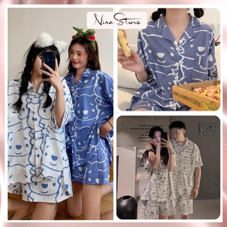 Bộ Ngủ Nữ Cộc Hình Gấu Set Áo Quần Cộc Cúc Cài Họa Tiết In 2 Màu NinaStore