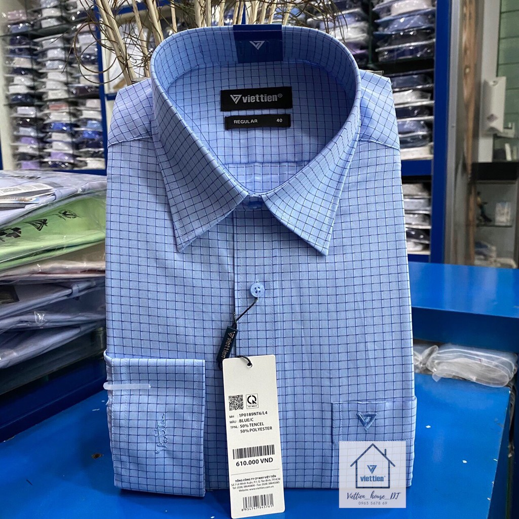 ÁO SƠ MI VIỆT TIẾN TAY DÀI VẢI SỢI TENCEL CARO MÀU XANH 1P0189NT6/L4