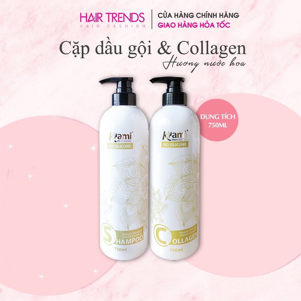 CẶP DẦU GỘI - DẦU XẢ TÓC COLLAGEN SIÊU PHỤC HỒI TÓC HƯ TỔN KHÔNG CHỨA SILICONE KAMI 800ML