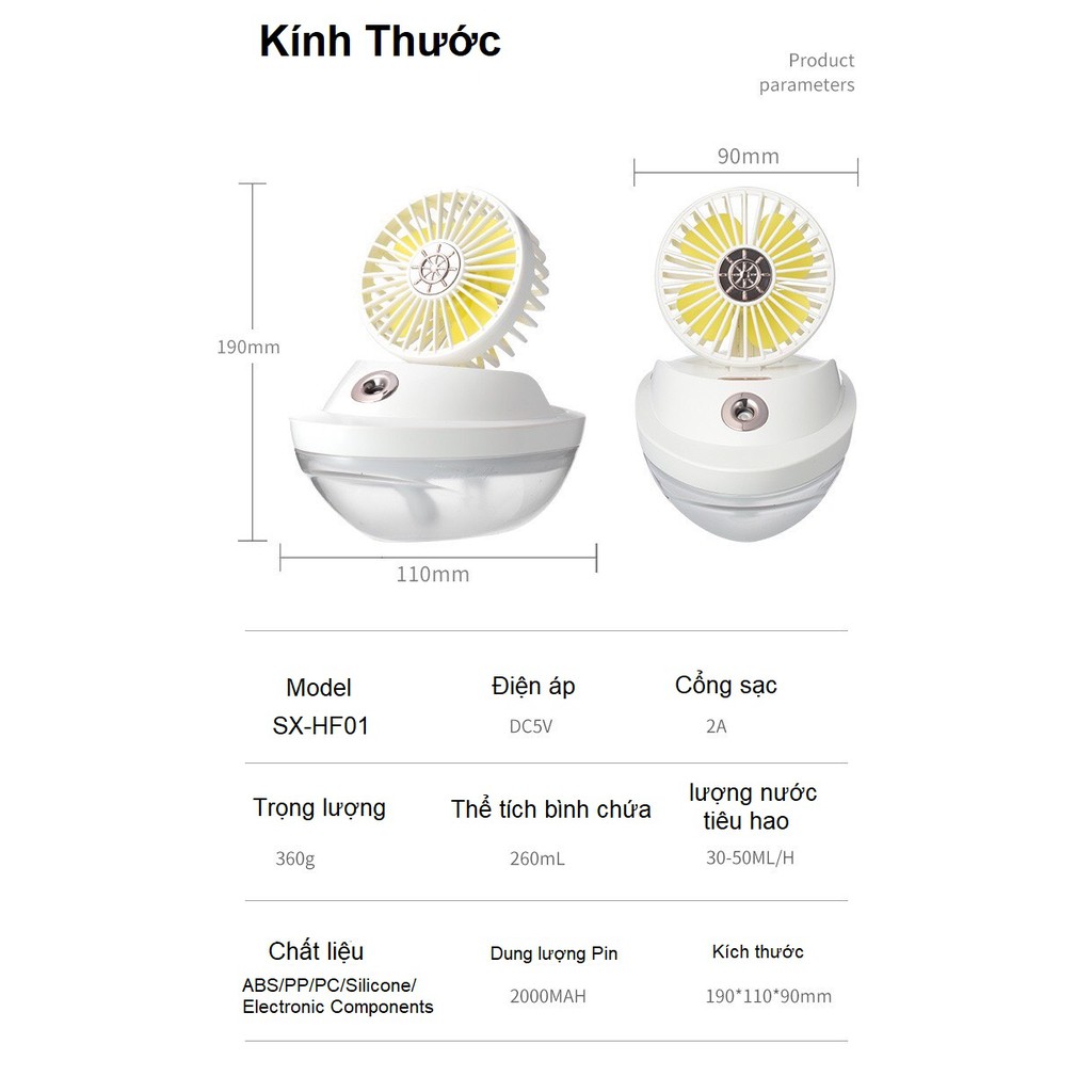 Quạt tích điện có phun hơi nước hình chiếc thuyền Hot 2020