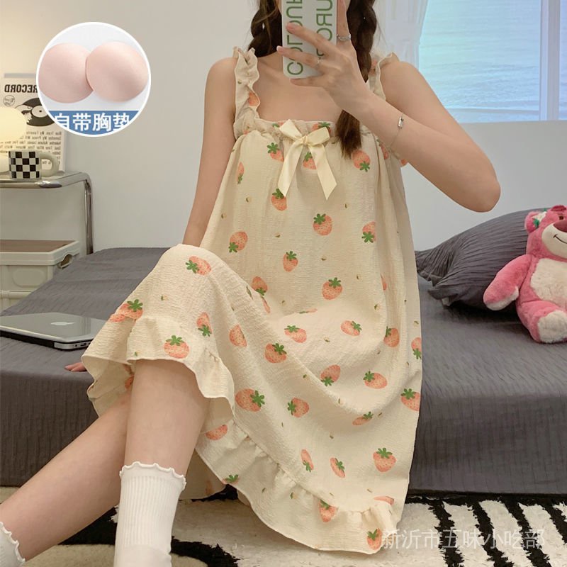 Đầm Ngủ Cotton Hai Dây Mỏng Mùa Hè 2022 Có Đệm Ngực Cho Nữ