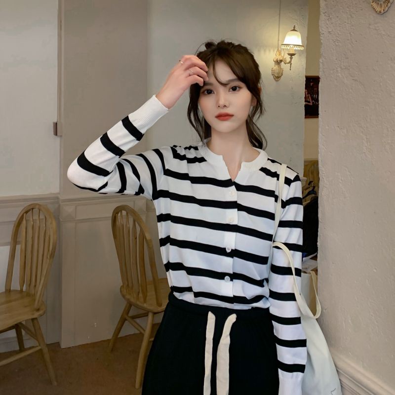 Áo Khoác Cardigan Dệt Kim Tay Dài Dáng Rộng Họa Tiết Kẻ Sọc Thời Trang Hàn Quốc Mới Cho Nữ