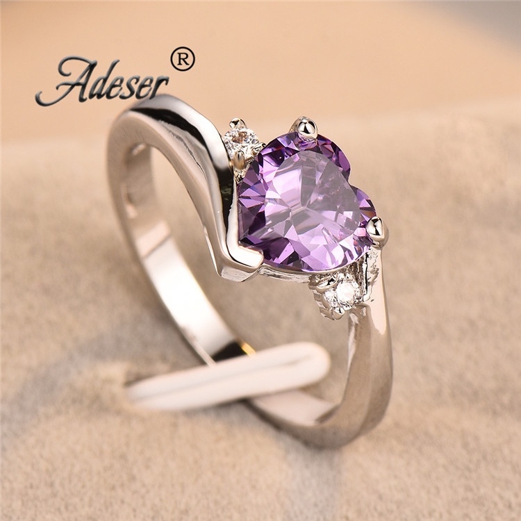 Nhẫn bạc 925 mặt trái tim 5ct đính đá Zircon tím Size 6-10