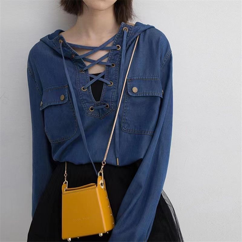 Áo Khoác Denim Nữ Có Mũ Trùm Đầu Cổ Chữ V Màu Cam Phong Cách Châu Âu Size S-2XL