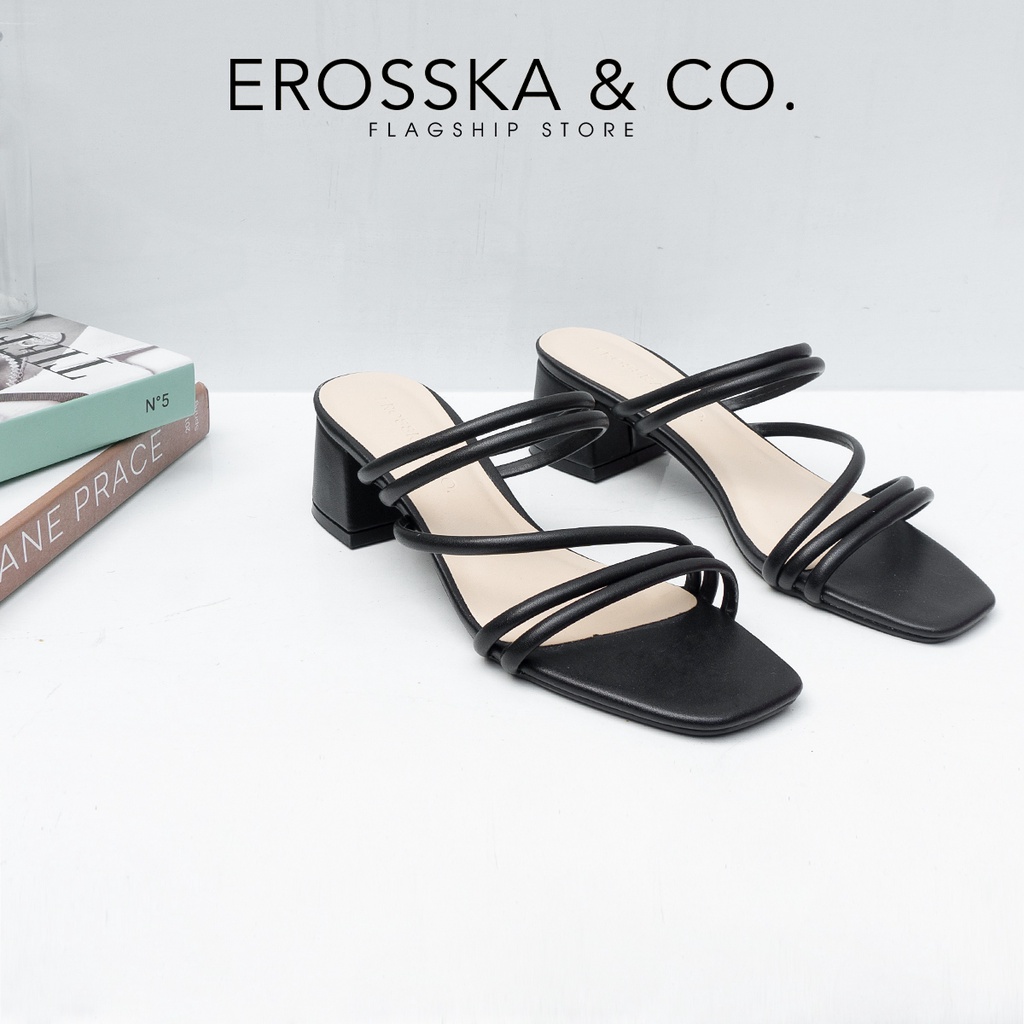 Erosska - Dép cao gót nữ mũi vuông phối dây quai phong cách Hàn Quốc cao 4cm màu xanh - EM086