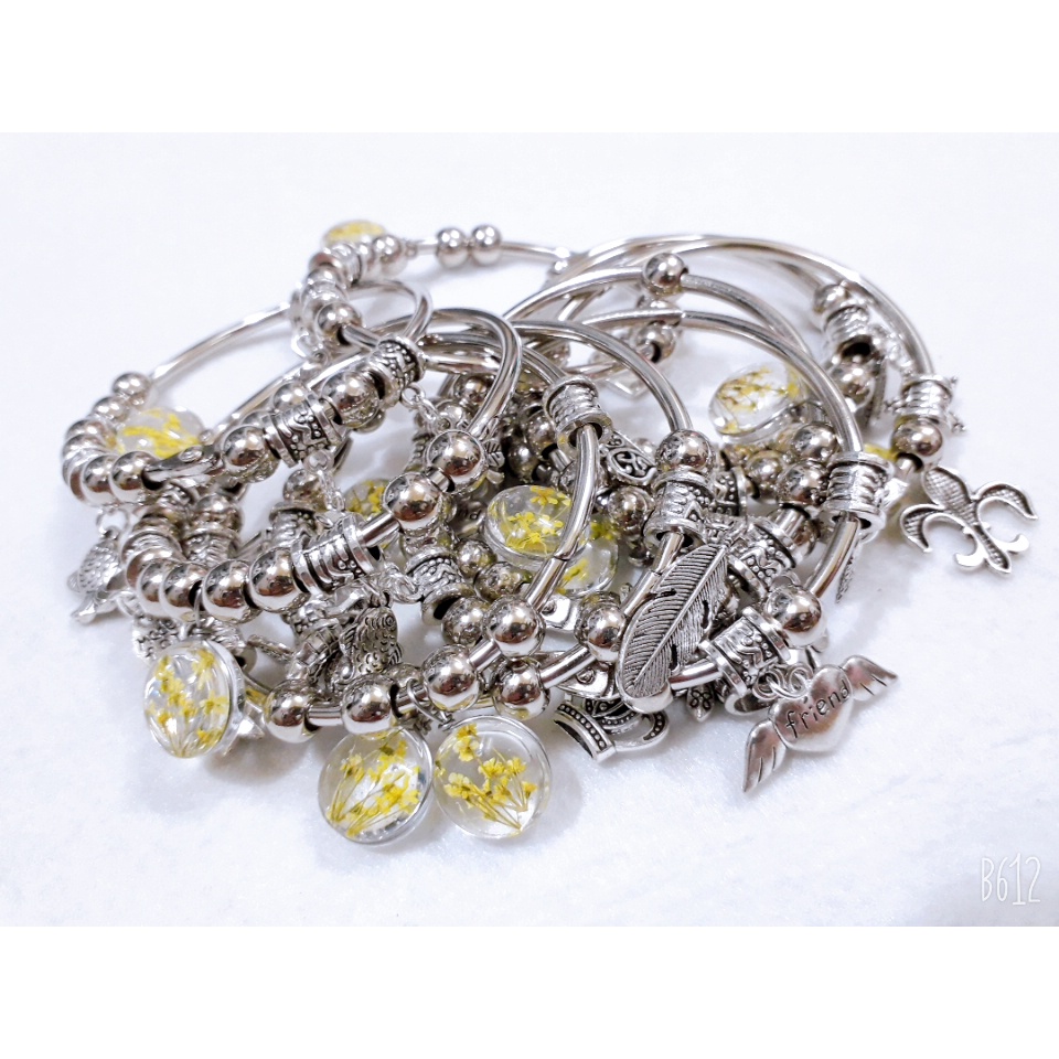 Sỉ 1 set 10 kiềng vòng tay Hoa Khô ép Thủy Tinh tròn 14mm
