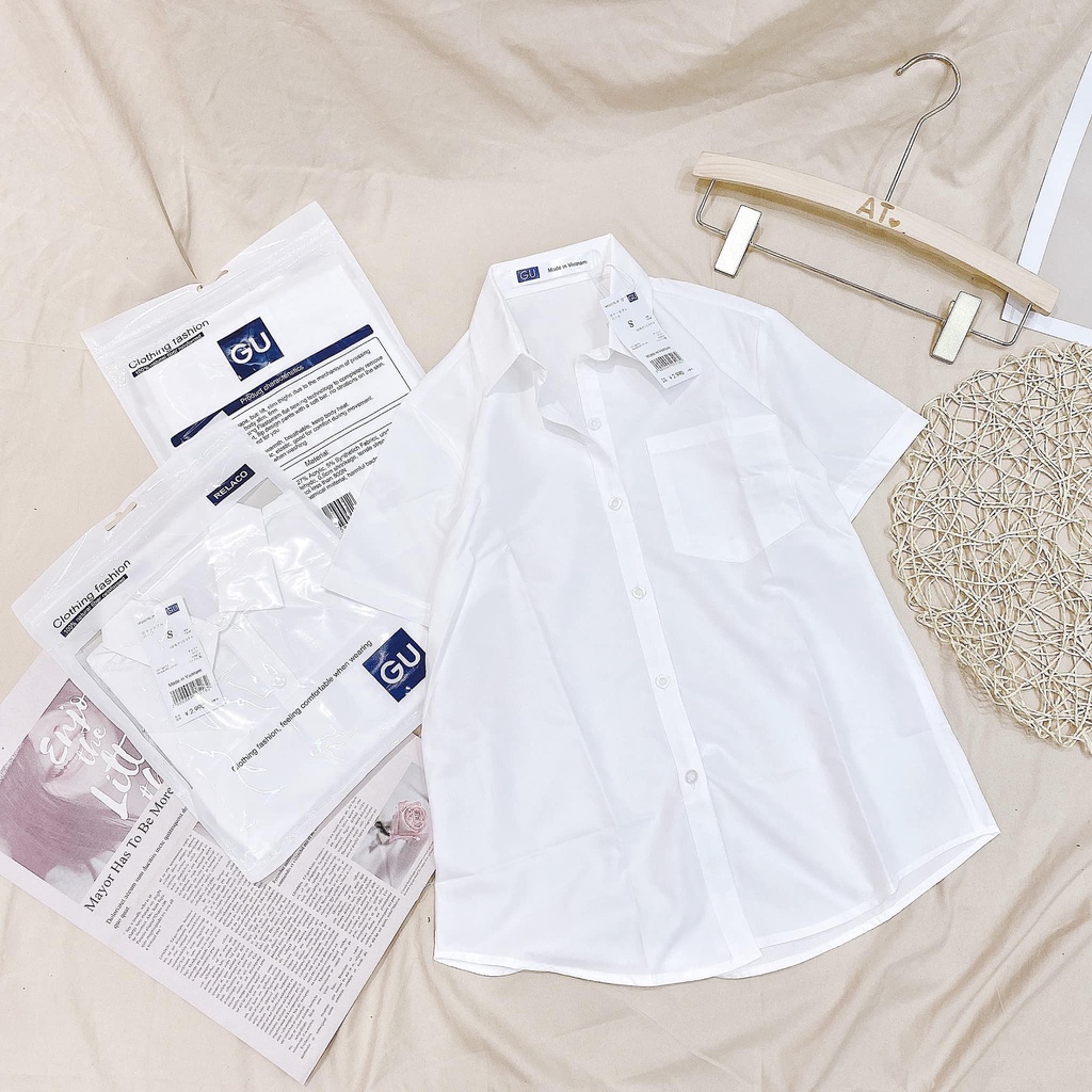 Áo sơ mi nữ cộc tay GU chất đũi mềm mát chống nhăn xuất nhật túi zip-Mai Thỏ Shop-