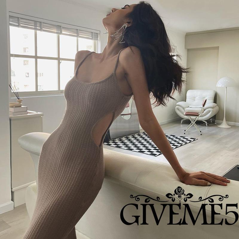 Đầm Dài Dệt Kim Không Tay Ôm Dáng Màu Trơn Thời Trang Cho Nữ