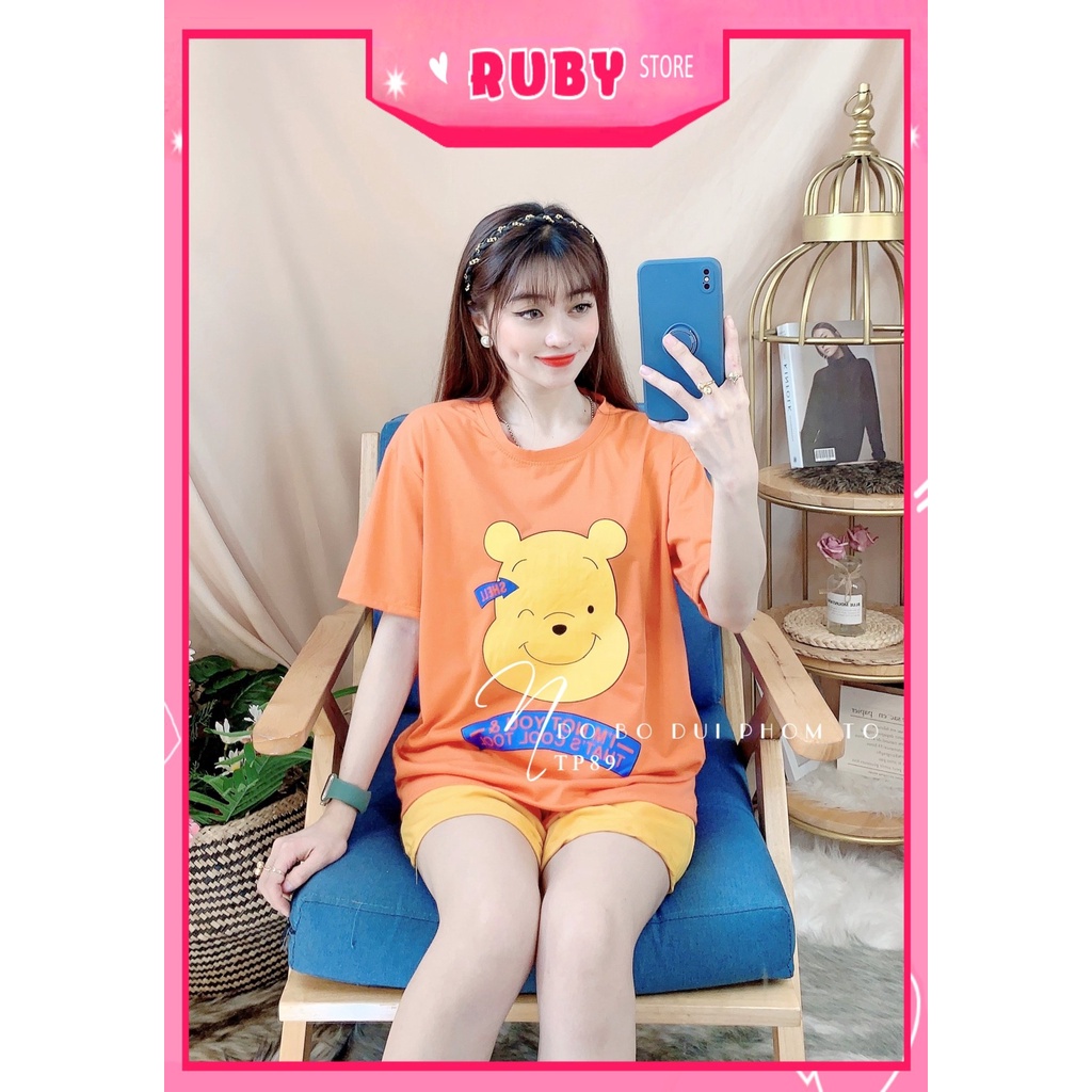 Đồ bộ nữ mặc nhà phom to chất thun mềm mát in hình gấu hoạt hình dễ thương Bộ thun đùi phom to TP89