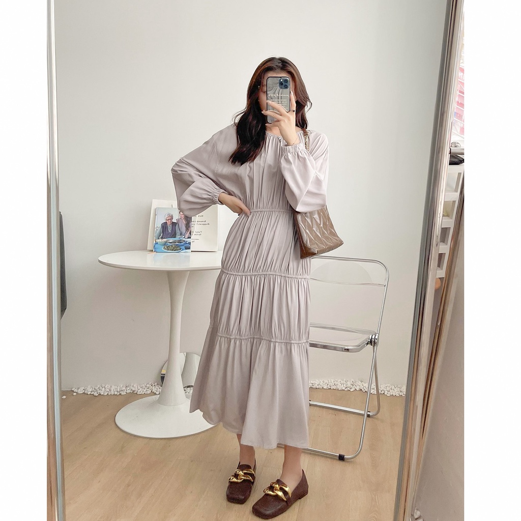 Váy suông chun tầng dài tay dáng dài phong cách hàn quốc hami7998
