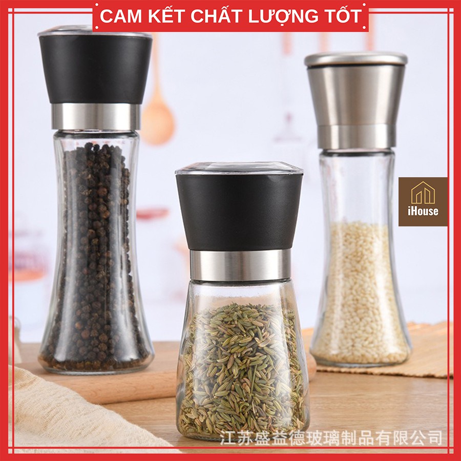 Lọ xay tiêu cầm tay thủy tinh và inox, dụng cụ xay tiêu cầm tay đa năng tiện lợi