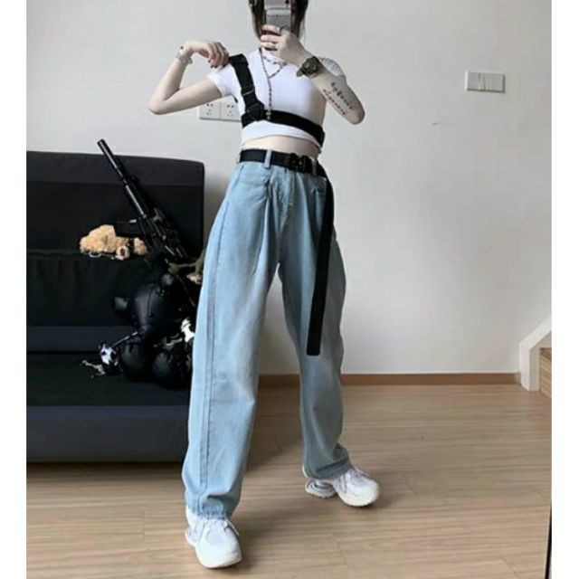 (Order_ảnh thật) Set áo croptop + Quần bò jeans cạp cao ống suông (dance)