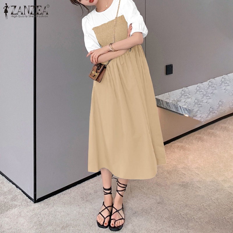 Đầm ZANZEA chữ A tay ngắn phồng cổ tròn phong cách Hàn Quốc thời trang cho nữ