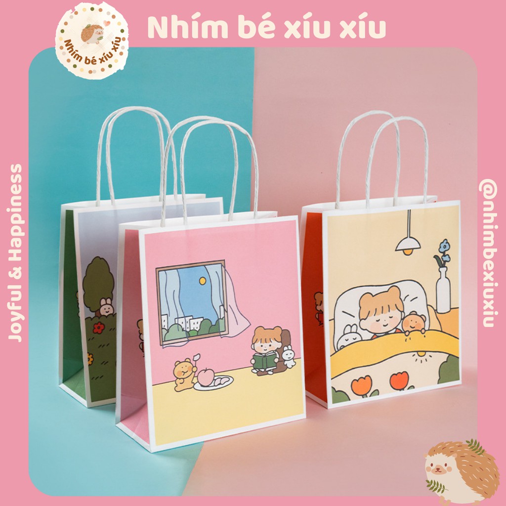 Túi giấy đựng quà tặng có quai xách Mira Girl/Gấu Thỏ 18*21*8 cm VT54