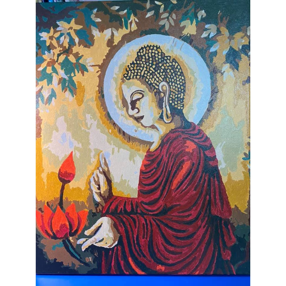 Tranh sơn dầu số hóa tự tô kết hợp Đức Phật và hoa sen T187 - T2015