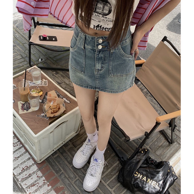 Chân váy jean COZOKC lưng cao phong cách cổ điển thời trang