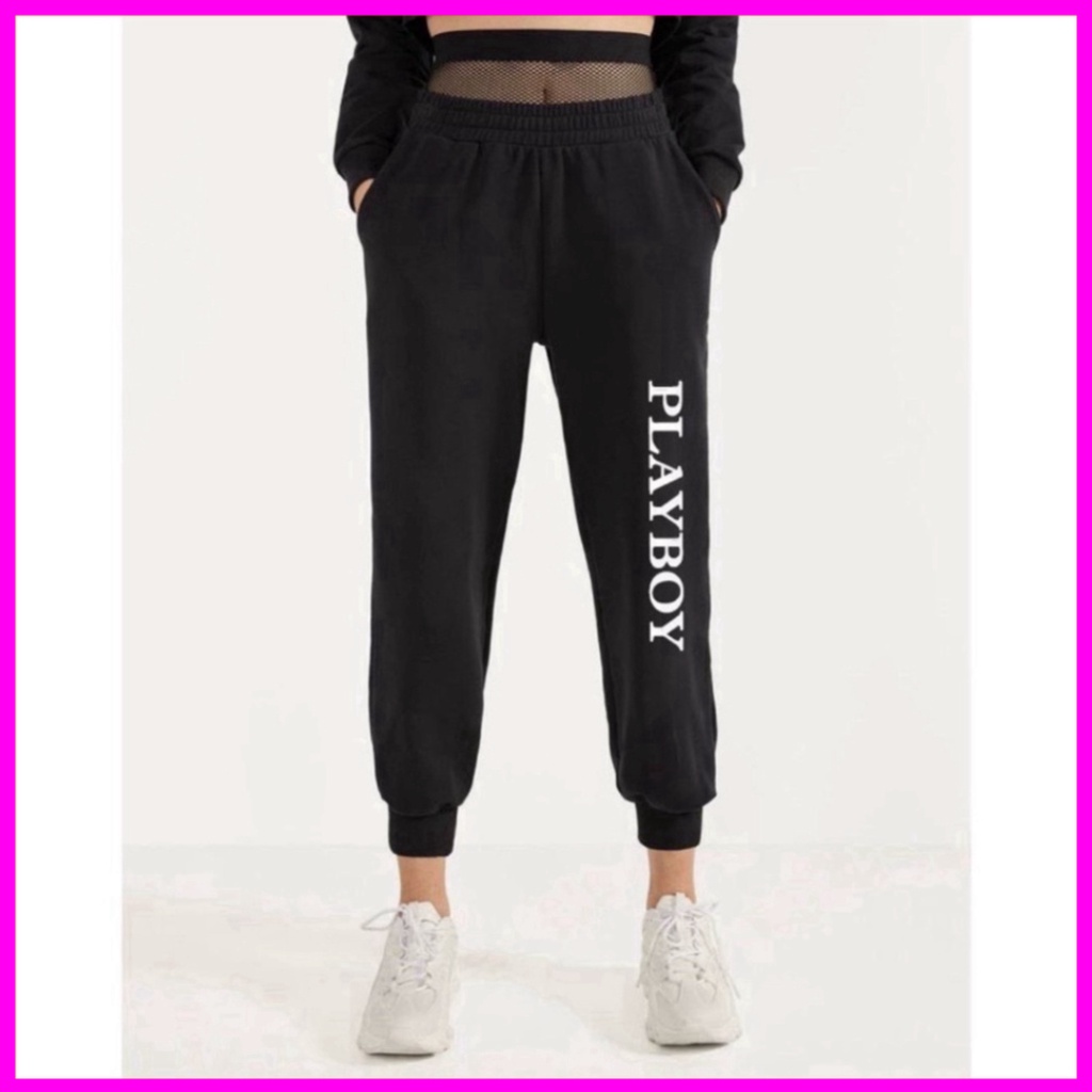Quần Jogger Thể Thao Nữ Playboy Phối Lưới Eo Cực Trend, Thun Polly Co Giãn 4 Chiều Mịn, Đẹp
