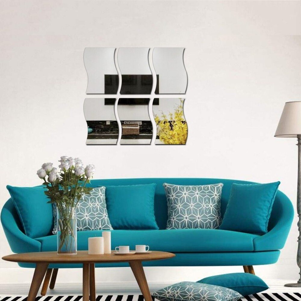 Bộ 6 Miếng Gương Dán Tường Tự Dính Họa Tiết Sóng Biển 3D Hiện Đại Trang Trí Phòng Khách / Phòng Ngủ / Phông Nền TV