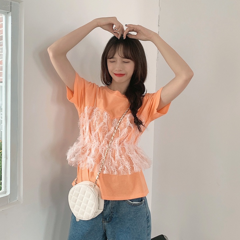 SUXI Áo Thun Nữ Ngắn Tay Phối Ren Thời Trang