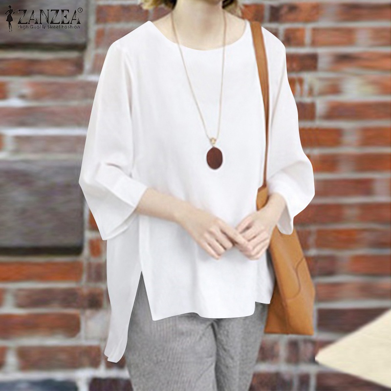 Áo cổ tròn ZANZEA tay 3/4 màu trơn thời trang retro Hàn Quốc cho nữ