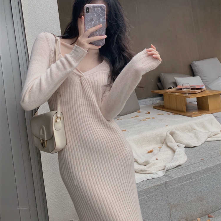 Đầm midi dệt kim SUXI tay dài cổ chữ V dáng ôm màu trơn thời trang mùa thu cho nữ