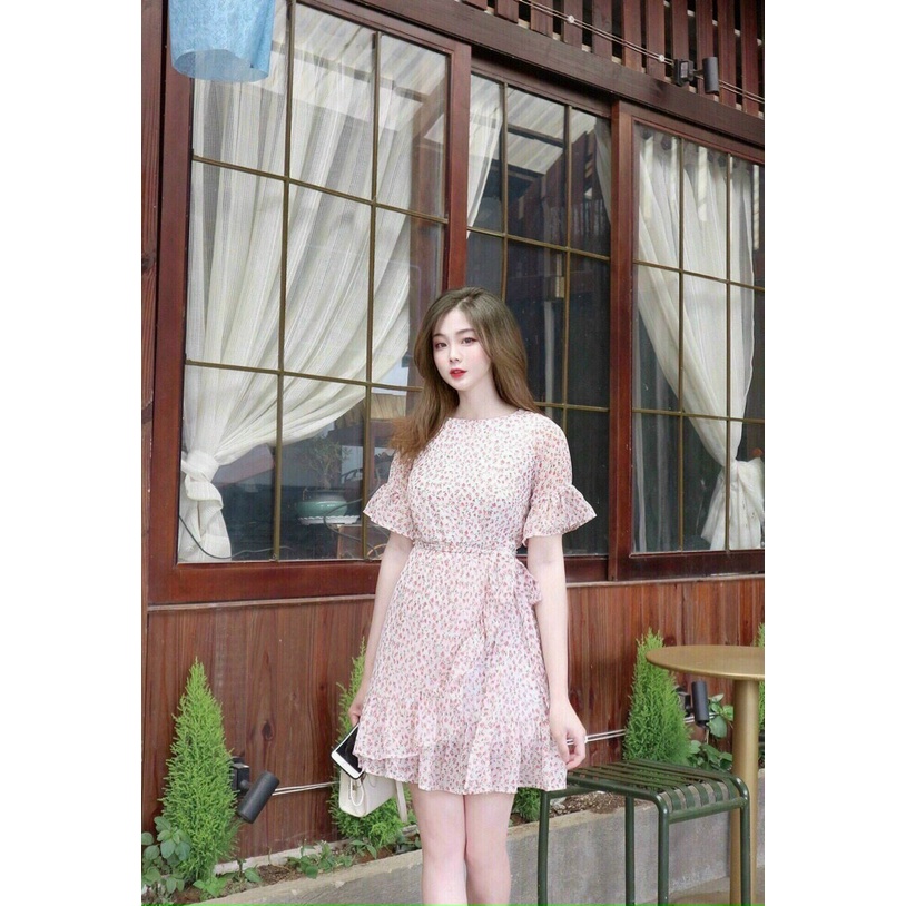 ĐẦM VÁY VOAN HOA NHÍ CỔ TRÒN TAY LỠ BÈO PHỐI CÁCH ĐIỆU  - Hình Shop Chụp Thật